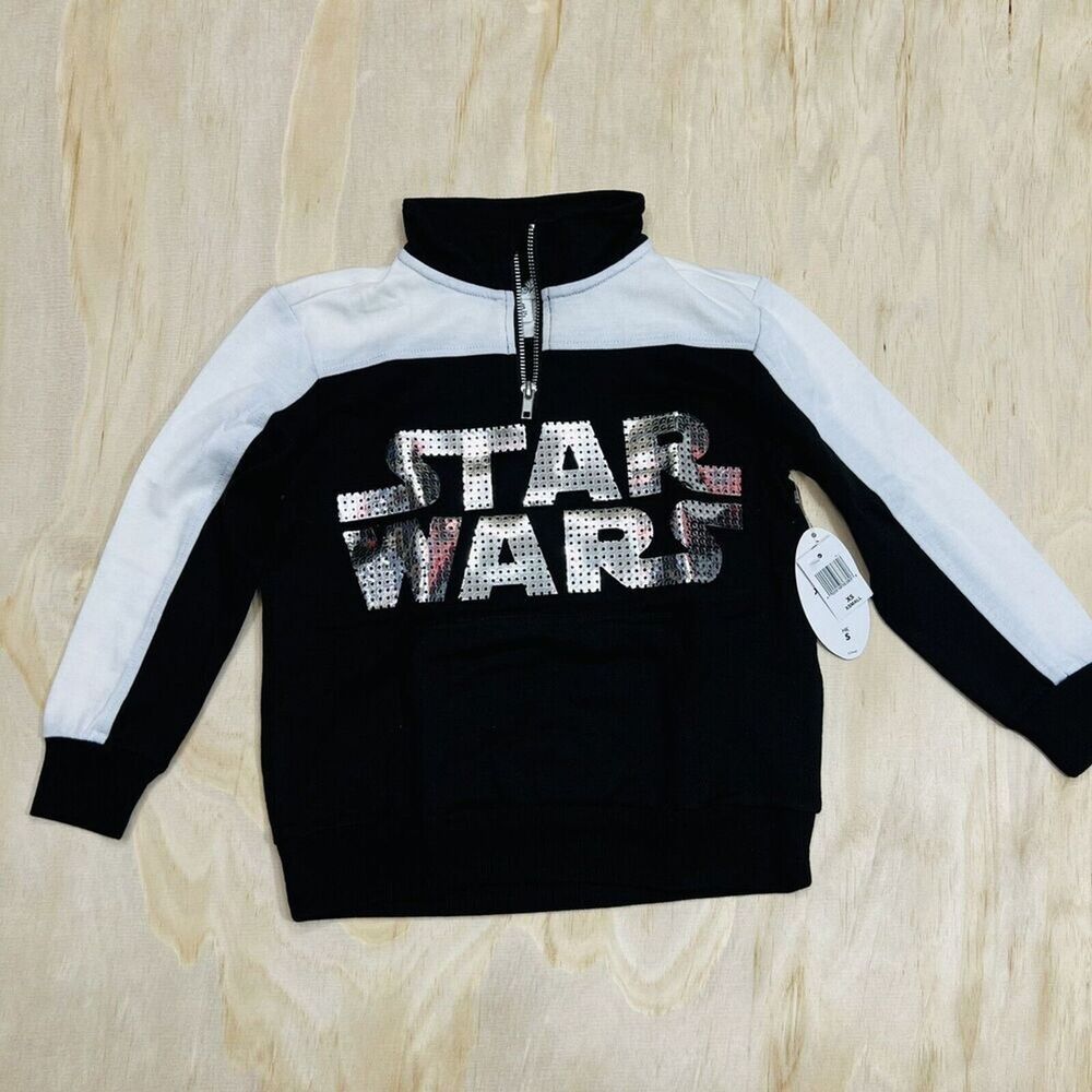 NEW XS 4/5 Youth Disney Star Wars Pullover Half Zip Pullover Black White Silver